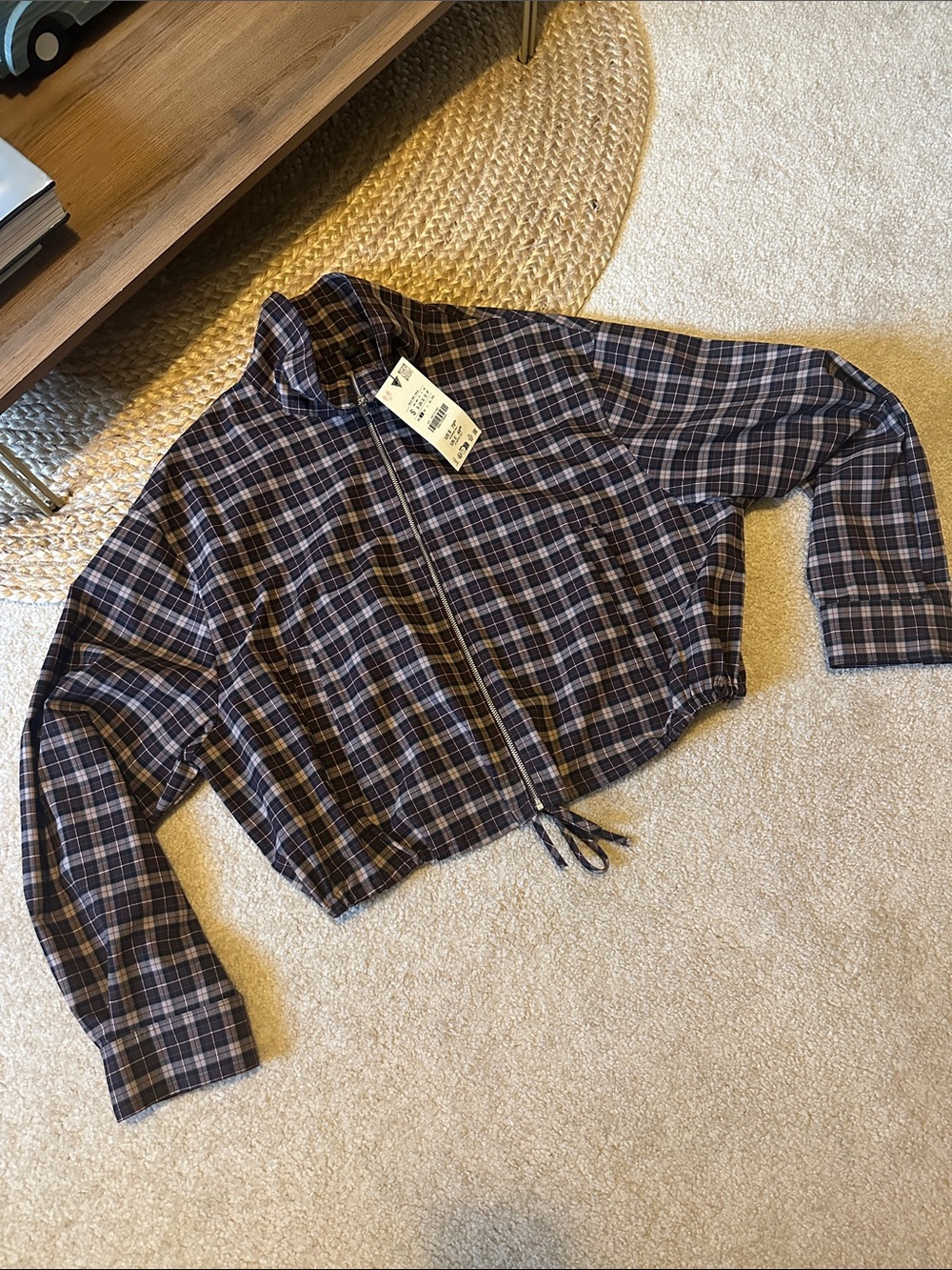 Plaid Cropped Zip-Front Jacket in Brown